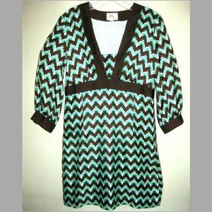 Milly NY Pure silk dress 8 Empire Short Green print Brown White V-neck Tunic USA